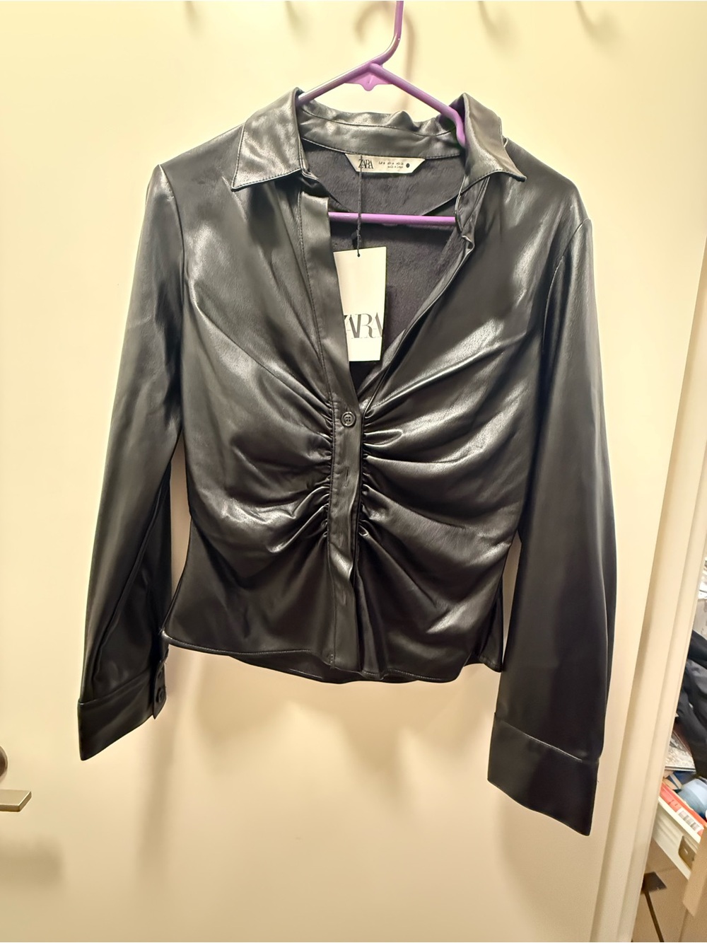 ZARA Black Faux Leather Ruched Front Shirt Jacket